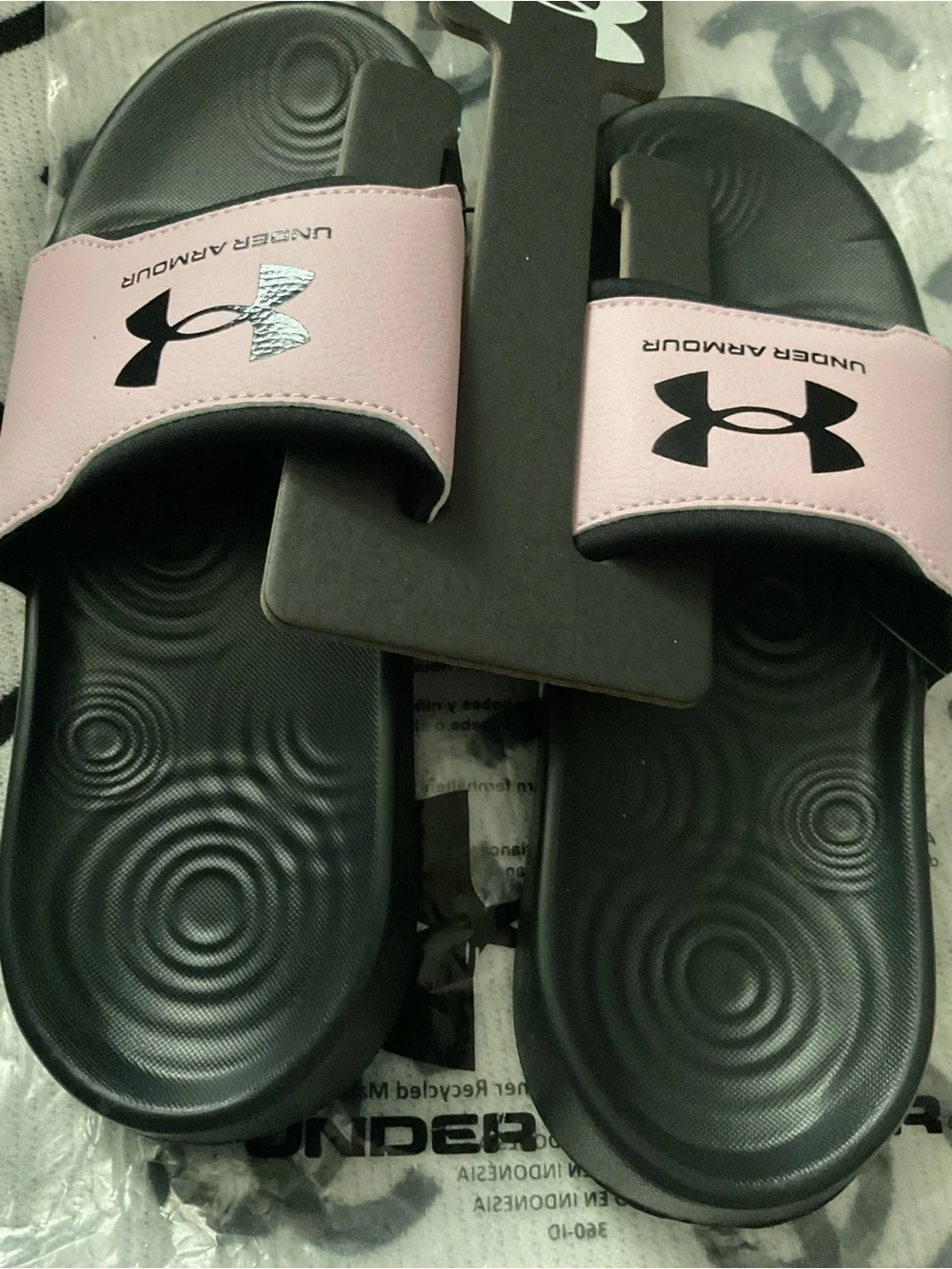 Under Armour Pink and Black Adjustable Slide Sandals